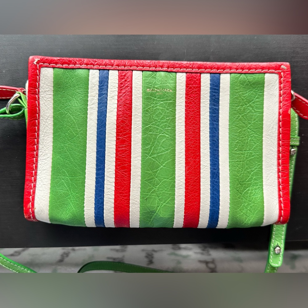 Balenciaga Green and Red Striped Bazaar Crossbody Bag